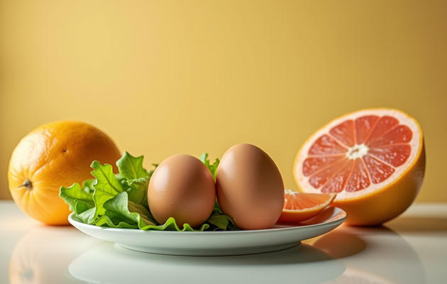 2 сваренных яйца, листовой салат или сельдерей, грейпфрут