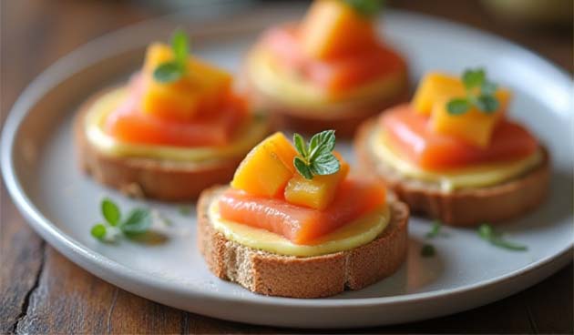 Бутерброды с ржаным хлебом, манго и лососем
