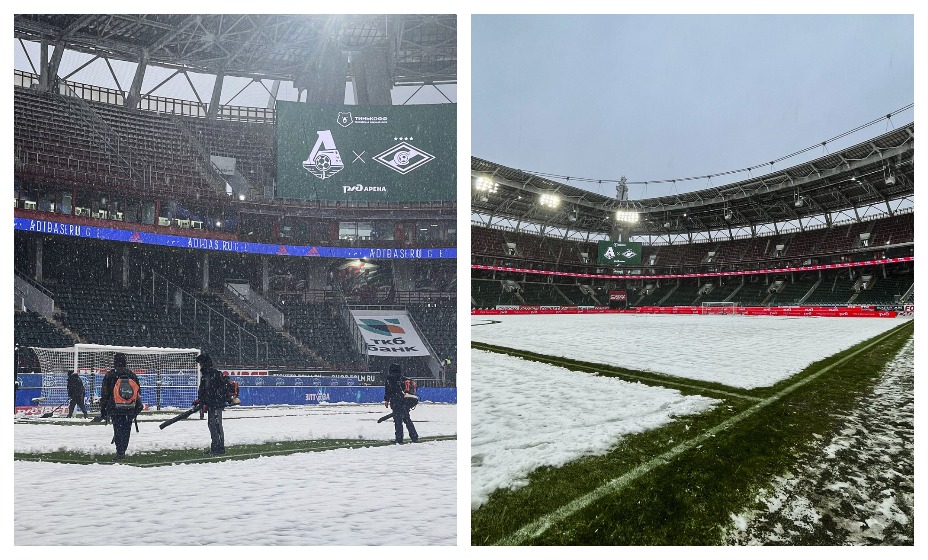 Поле «РЖД-Арены» сильно замело снегом. Фото: Страница «Спартака» в соцсетях